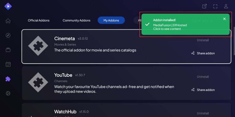 addon installed message