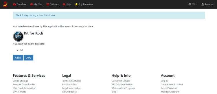 enter code at premiumize.me for kit kodi addon