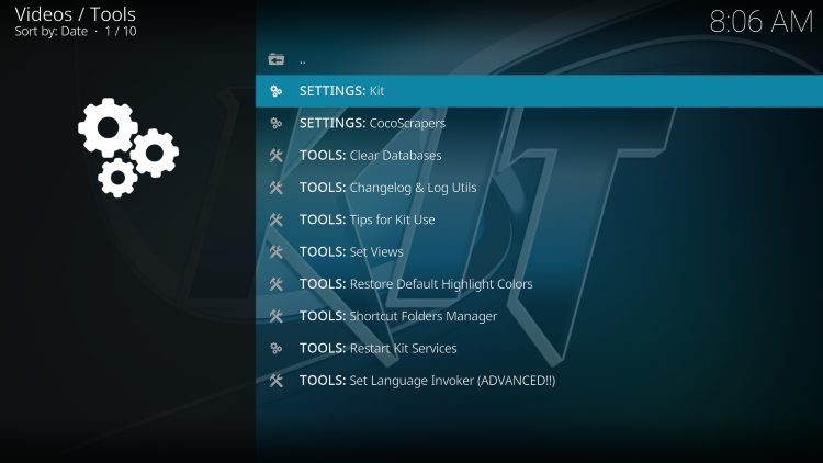 select Settings in kit kodi addon