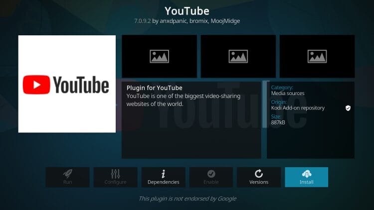 click install for youtube kodi addon