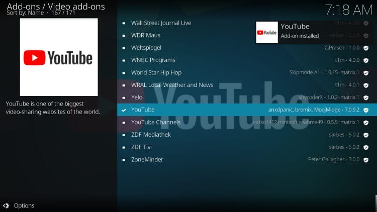 YouTube Kodi Addon installed message