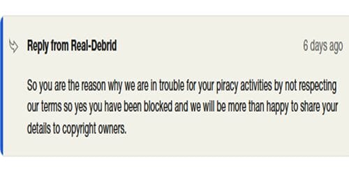 Real Debrid threatens users