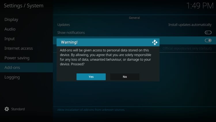 click yes for FOD Kodi
