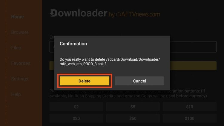 click delete again to remove my family cinema installation file