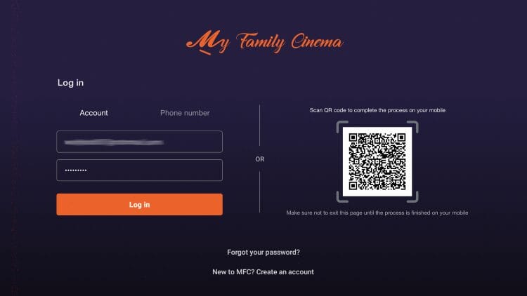 input your my family cinema username and password