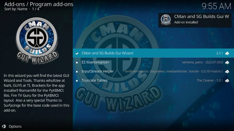 The wizard add-on installed message will now display in the upper right-hand corner.