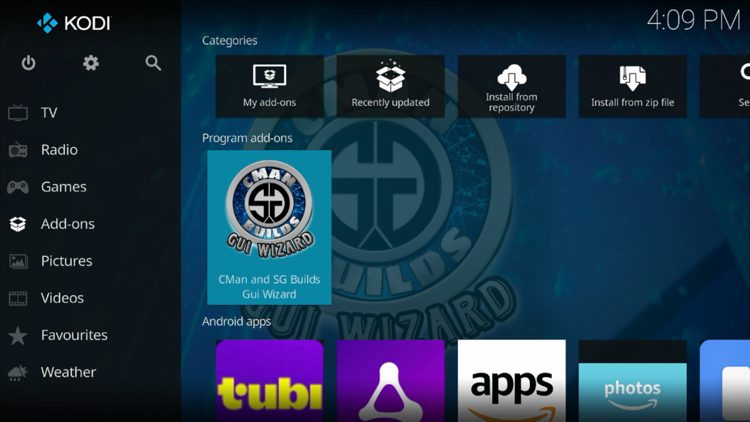 Return back to the home screen of Kodi, hover over Add-ons and click CMan and SG Builds Gui Wizard under Program add-ons.