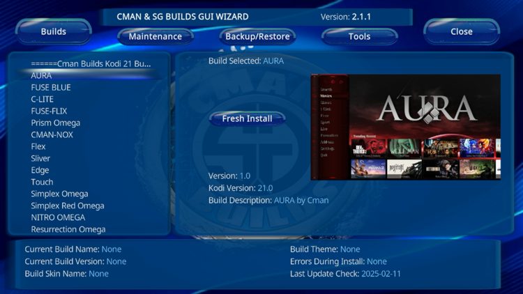 Click Builds and locate Aura.
