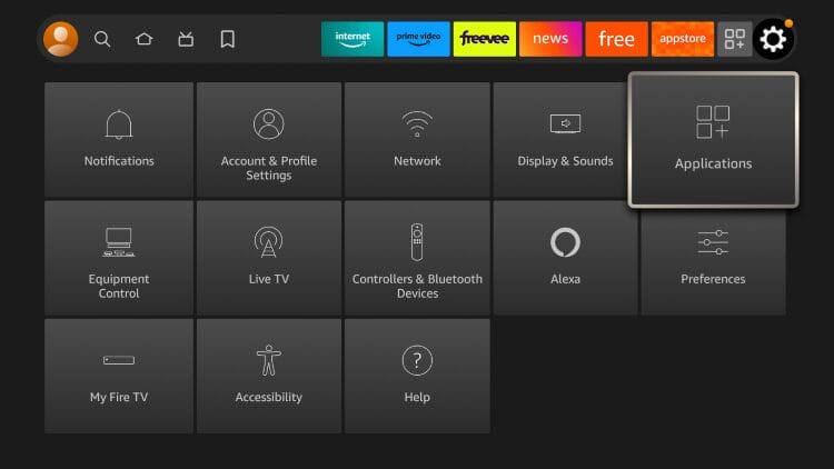 Next click the Home button on your remote and hover over the Settings icon. Click Applications.