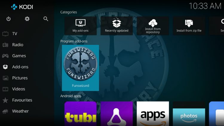 Return back to the home screen of Kodi, hover over Add-ons and click Funswizard under Program add-ons.