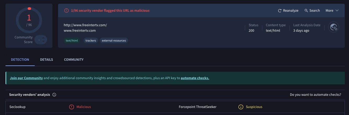 VirusTotal Scan of an Unverified Live TV Site