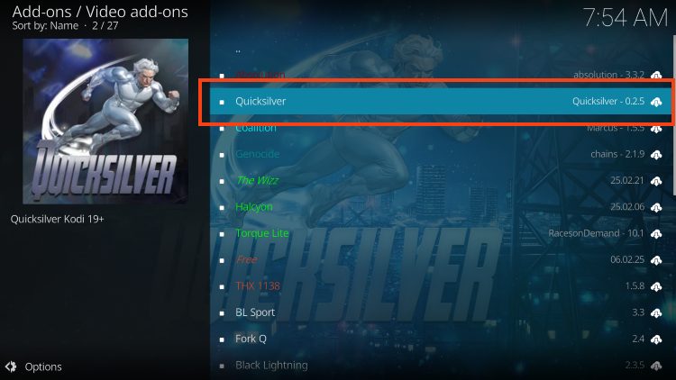 select quicksilver kodi addon