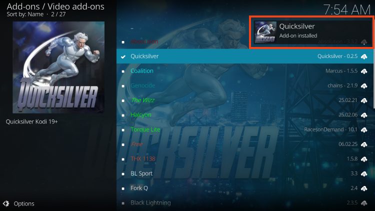 quicksilver kodi addon installed message