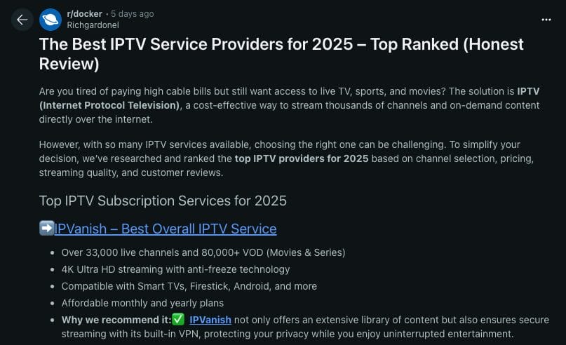 Reddit Thread Recommending Illegal IPTV