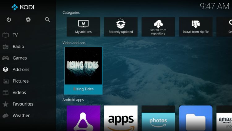 Return back to the home screen of Kodi and hover over Add-ons. Then choose Rising Tides.