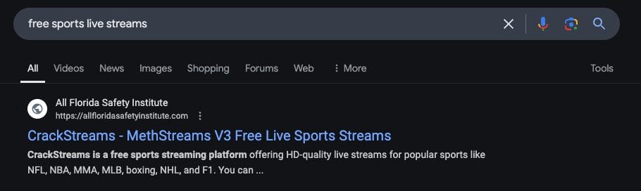Searching for free sports live streams on Google