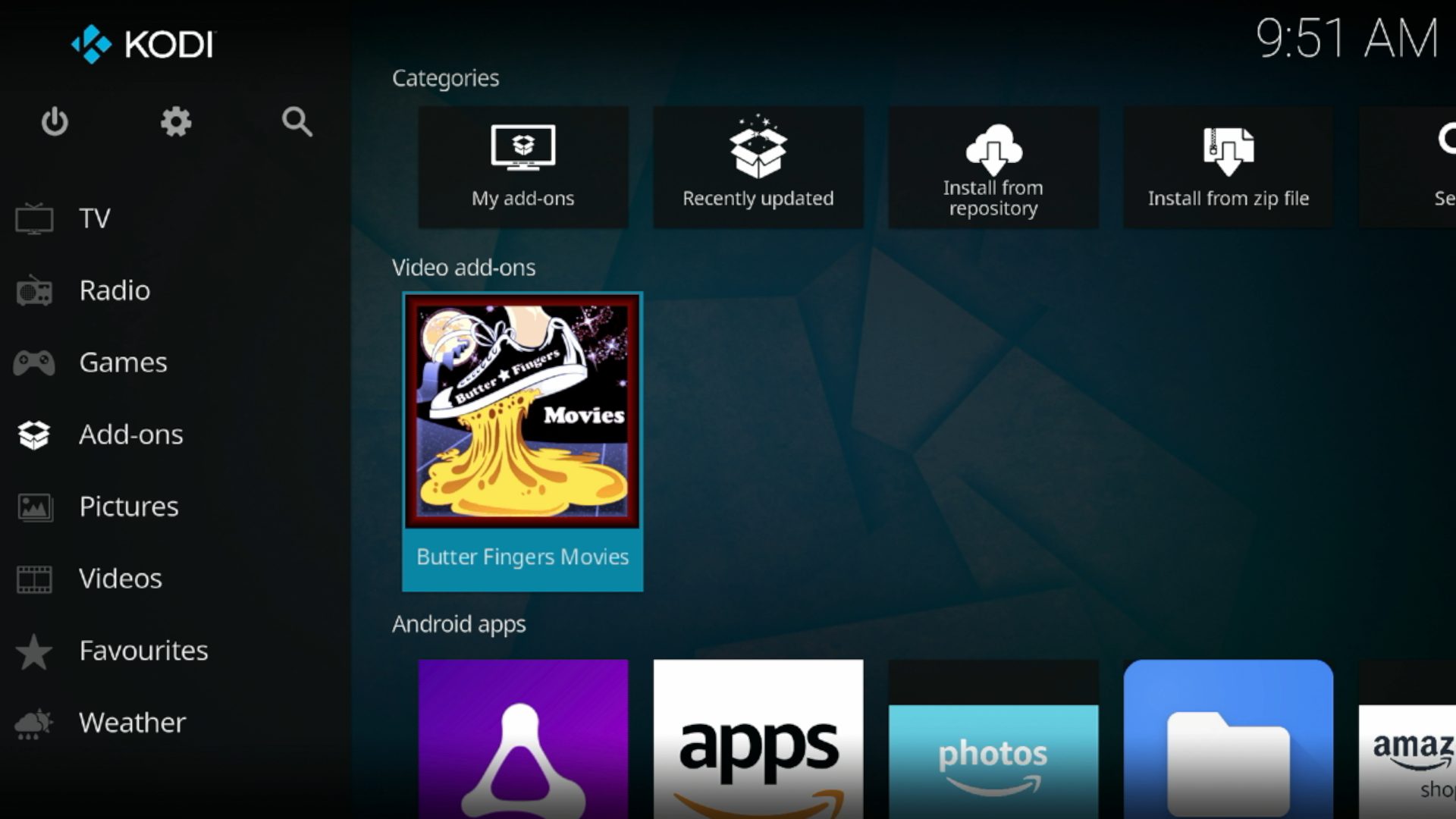 Then go back to the Home screen of Kodi and select Add-ons, then choose Butter Fingers Movies
