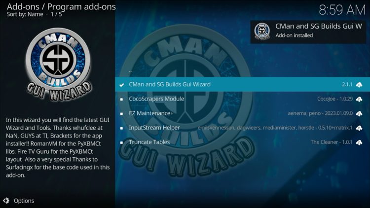 The wizard add-on installed message will now display in the upper right-hand corner.