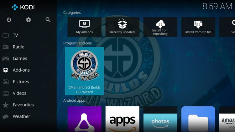 Return back to the home screen of Kodi, hover over Add-ons and click CMan and SG Builds Gui Wizard under Program add-ons.