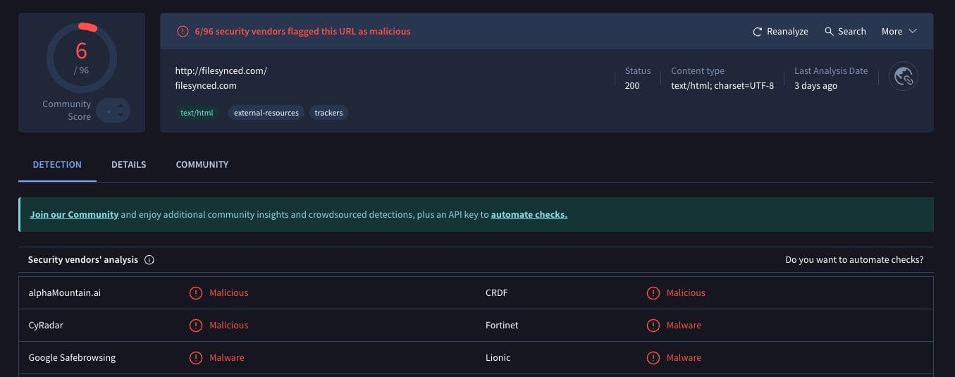 FileSynced VirusTotal Scan