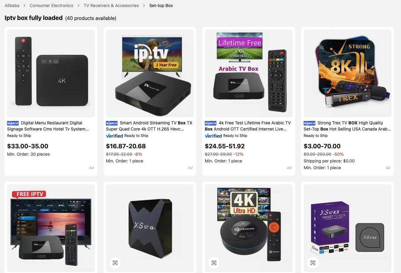 Searching for 'fully loaded' IPTV Boxes on Alibaba