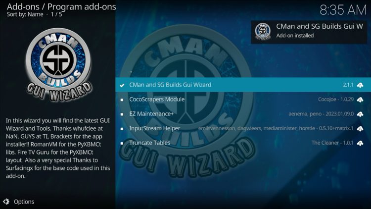 The wizard add-on installed message will now display in the upper right-hand corner.