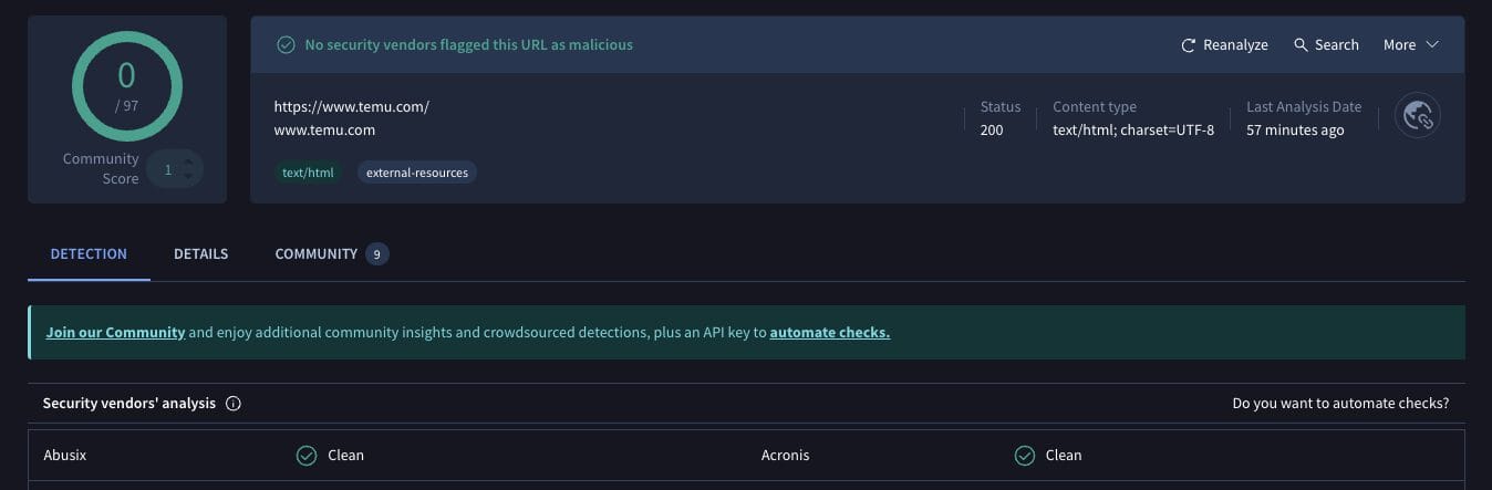 Temu VirusTotal Scan
