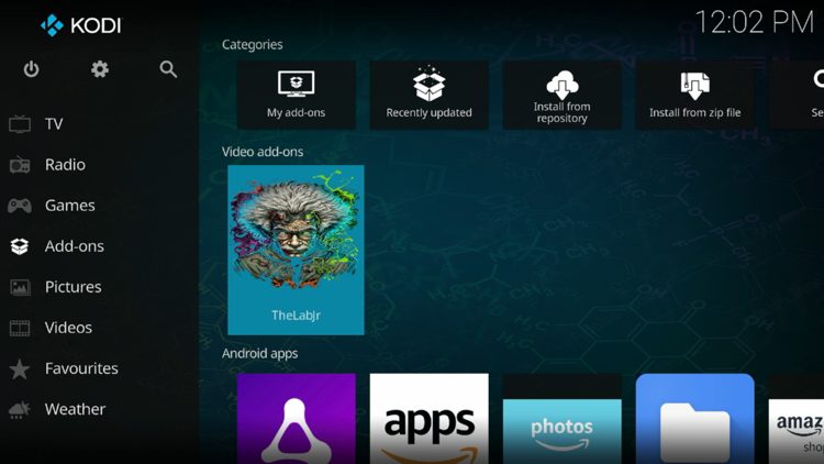 Then go back to the Home screen of Kodi and select Add-ons, then choose TheLabjr