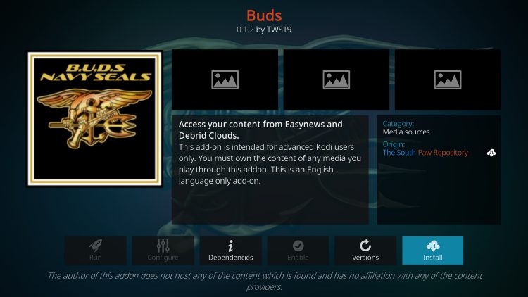 select install buds kodi addon