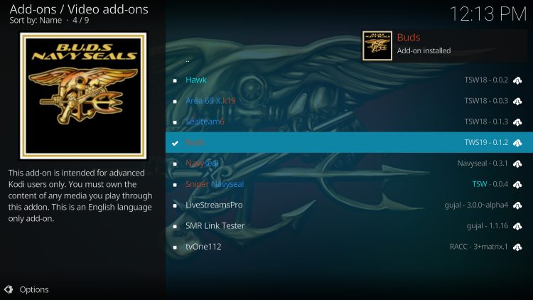 buds kodi addon installed message