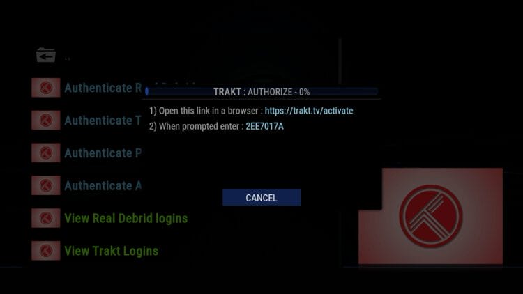 A message will appear with a Trakt authentication code. You will need this for the next step.