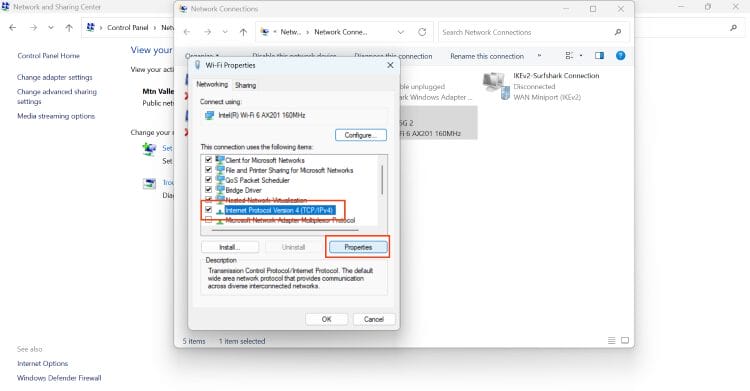 open properties for Internet Protocol version 4 to set up dns servers on surfshark