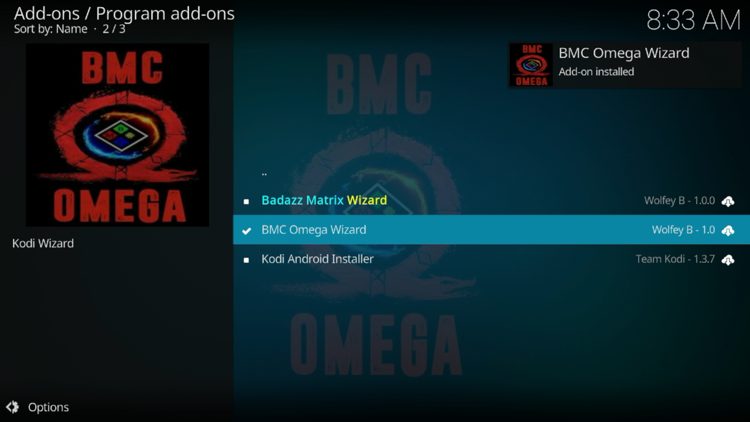 The wizard add-on installed message will now display in the upper right-hand corner.