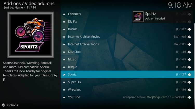 Wait for the "Sportz Add-on Installed" message to appear