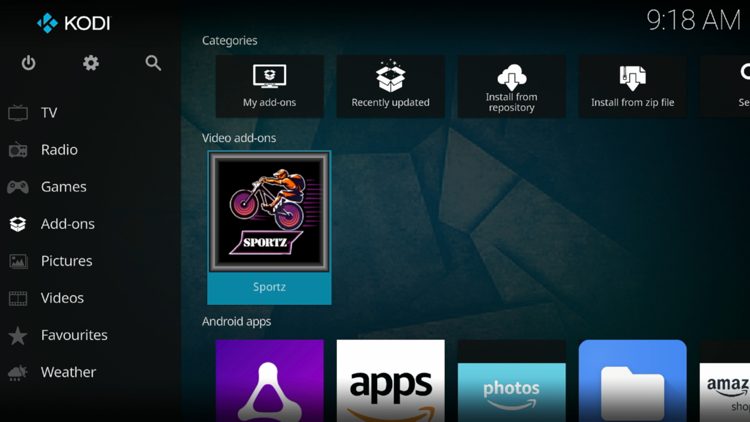 Return back to the home screen of Kodi and hover over Add-ons. Then choose Sportz.