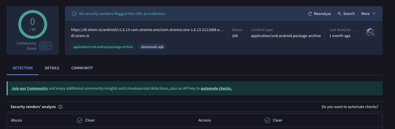 Stremio VirusTotal Scan
