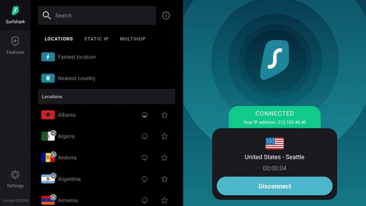 Surfshark VPN Interface