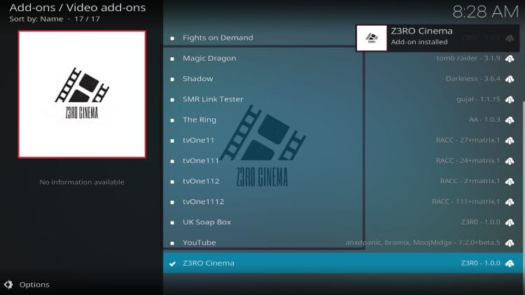 z3ro cinema addon installed message appears