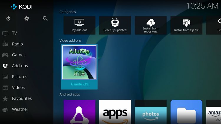 Then go back to the Home screen of Kodi and select Add-ons, then choose Aliunde