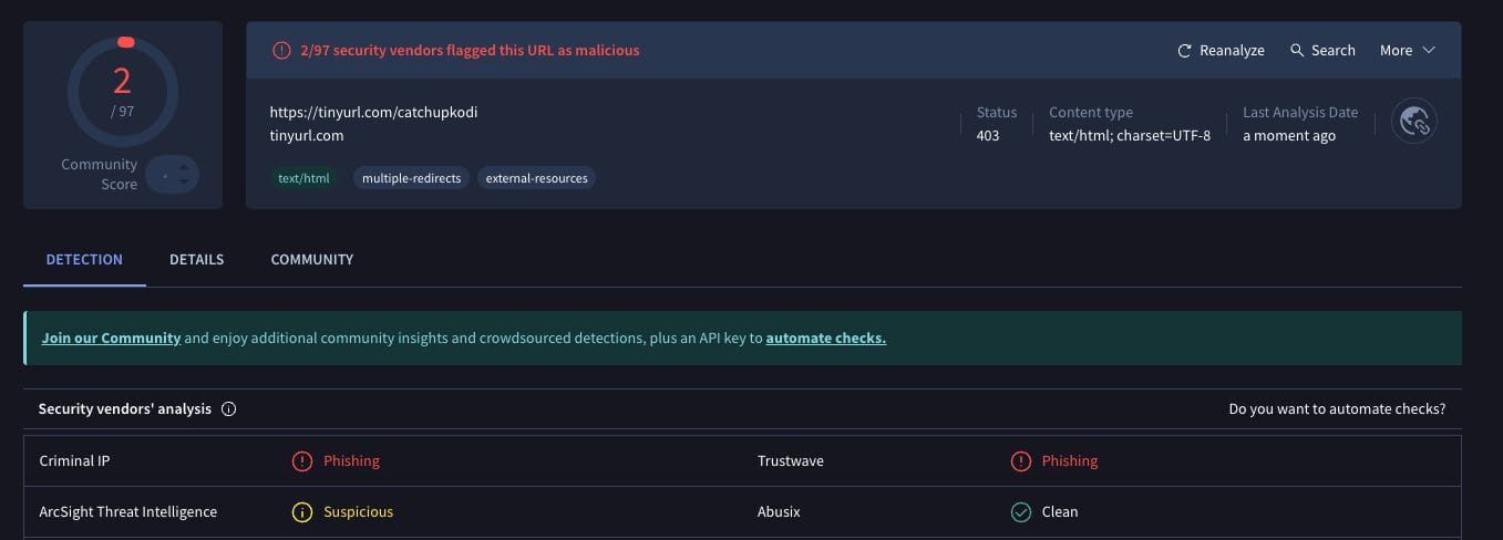 Catch Up TV Kodi Addon VirusTotal Scan