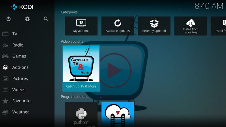 Return back to the home screen of Kodi and hover over Add-ons. Then launch Catch Up TV & More.