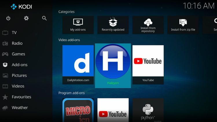 Then go back to the Home screen of Kodi and select Add-ons, then choose Halcyon