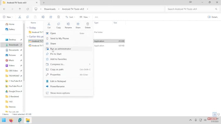 run as administrator for android tv tools