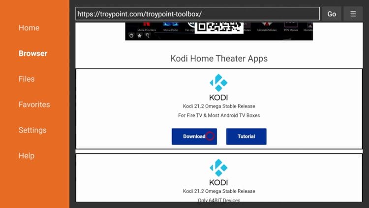 Scroll down to find the stable release of Kodi which is Kodi 21.2 Omega and click Download.