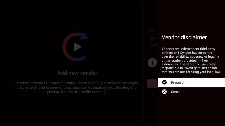 Wait a few seconds and click Proceed on the Vendor disclaimer message.