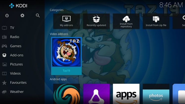 Then go back to the Home screen of Kodi and select Add-ons, then choose TAZ