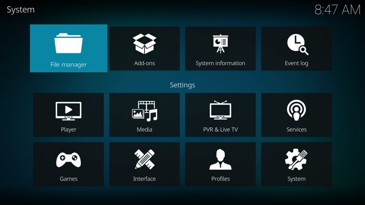 Return to Kodi System screen and choose File Manager.