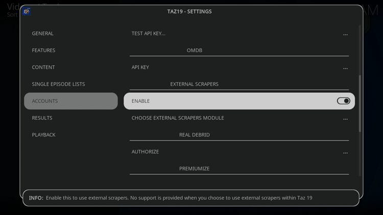 Hover over Accounts and under External Scrapers click Enable to turn it on.