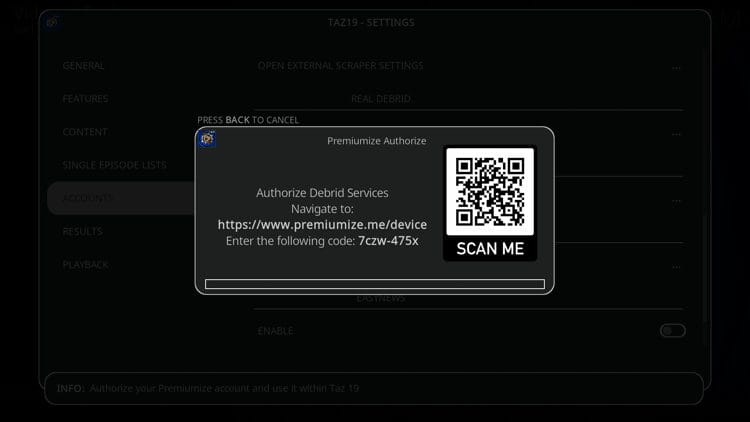 You are then given an authorization code for Premiumize. Visit premiumize.me/device and enter the code you are provided with.