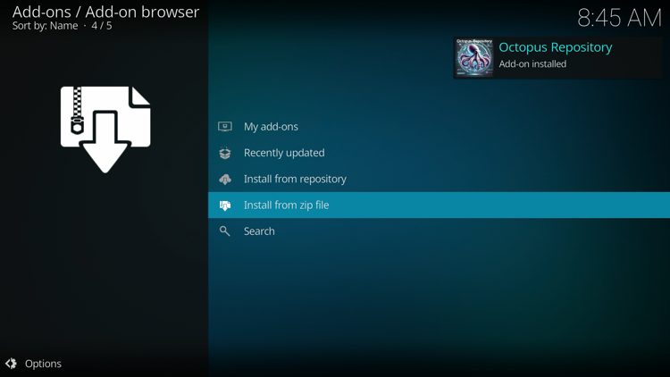 Wait for the "Octopus Repository Add-on installed" message to appear